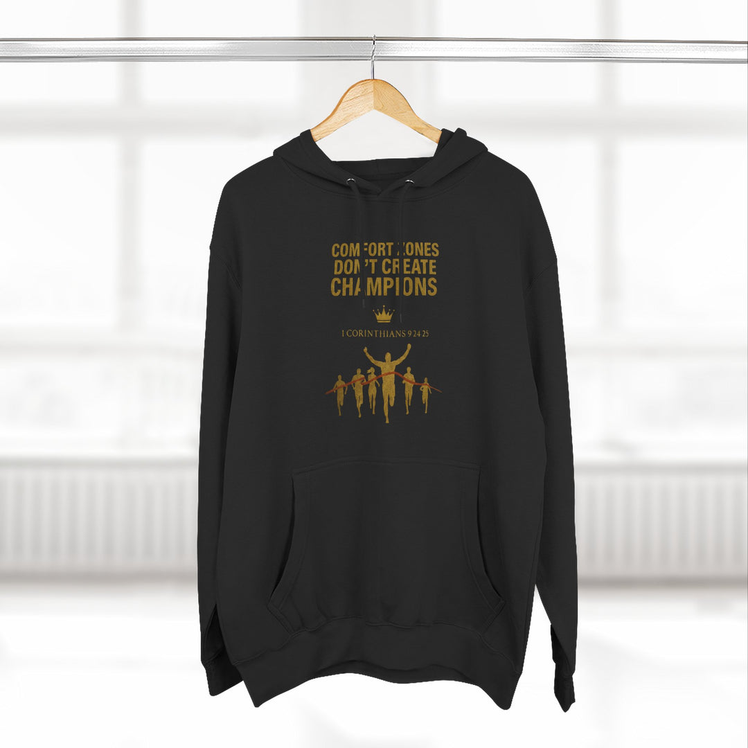 Comfort Zones Don’t Create Champions Hoodie | Gold Metallic Motivational Graphic Tee – Say It Loud